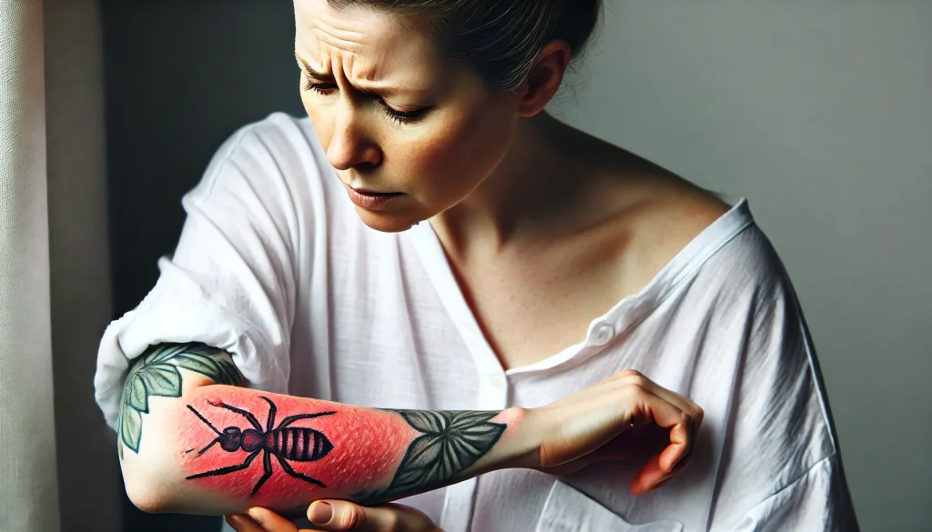 2024-07-25 15.44.12 - An image of a woman with a tattoo on her arm experiencing an allergic reaction. The tattooed area is red and has a rash, and the woman looks worried a