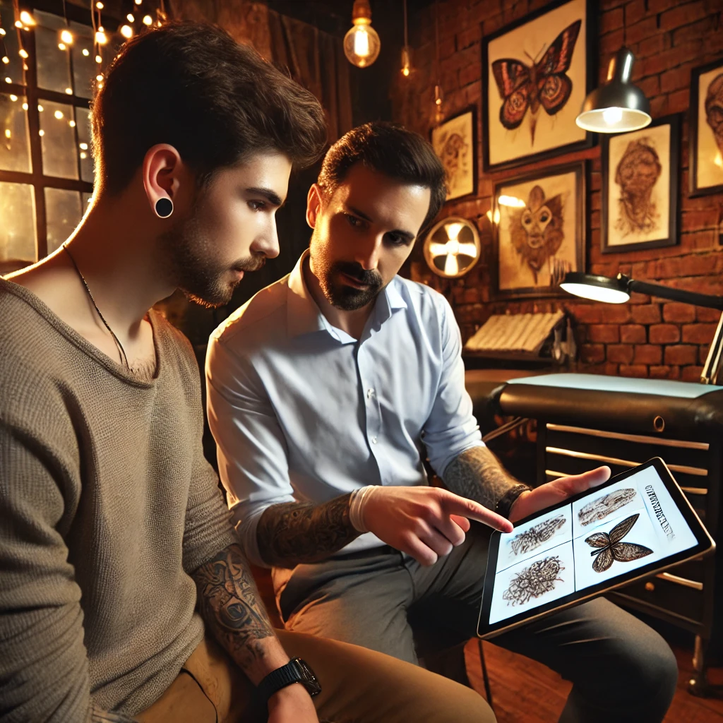 2024-07-25 16.08.14 - A tattoo artist consulting with a client about their tattoo in a cozy studio. The artist is showing possible correction options on a tablet. The studi