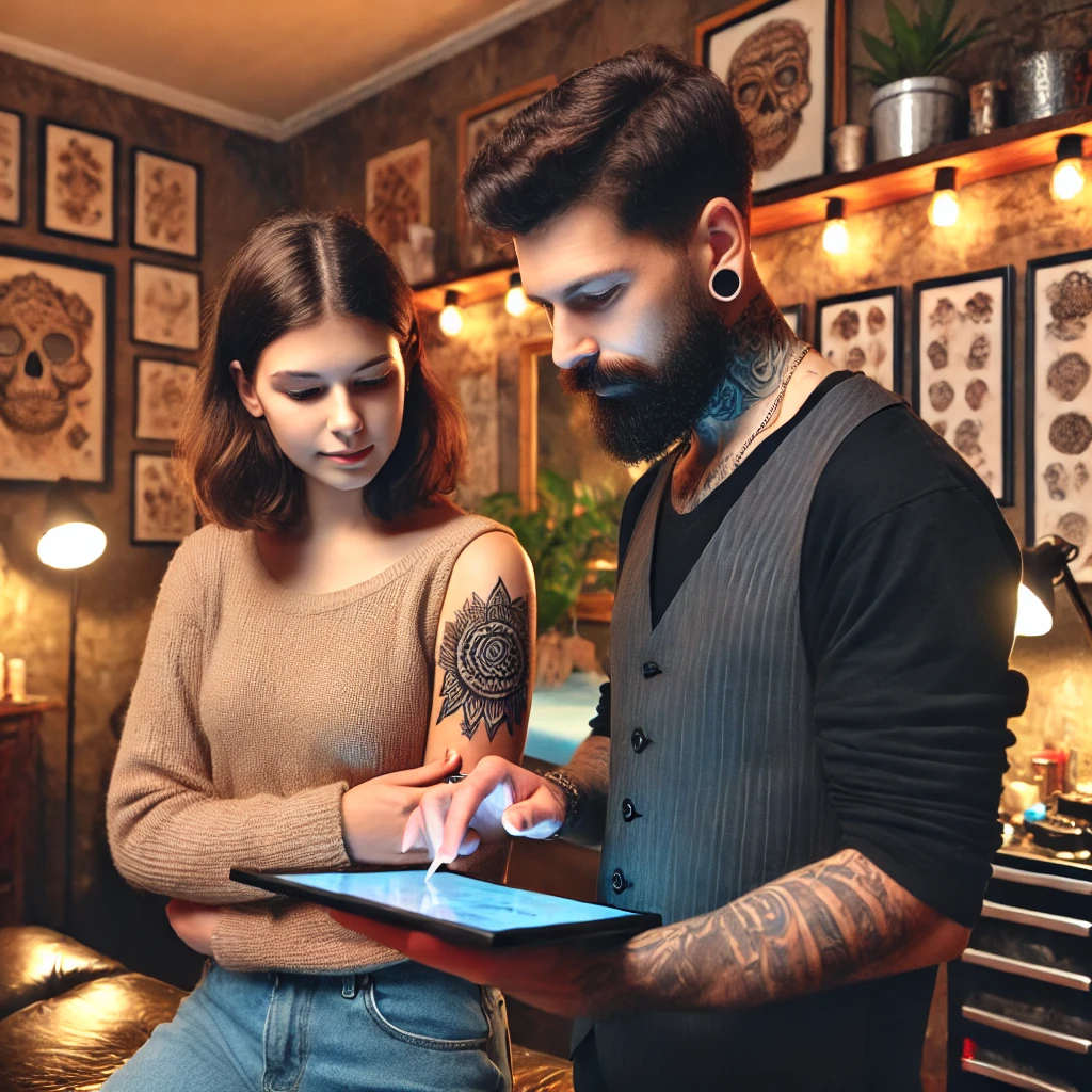 2024-07-25 16.08.17 - A tattoo artist consulting with a client about their tattoo in a cozy studio. The artist is showing possible correction options on a tablet. The studi