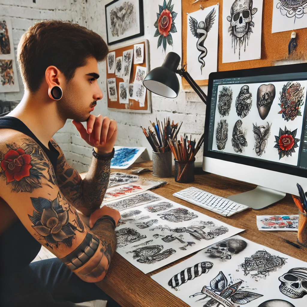2024-07-25 16.08.23 - A client studying the portfolio of various tattoo artists and planning changes to their tattoo, sitting at a computer. The client is surrounded by tat