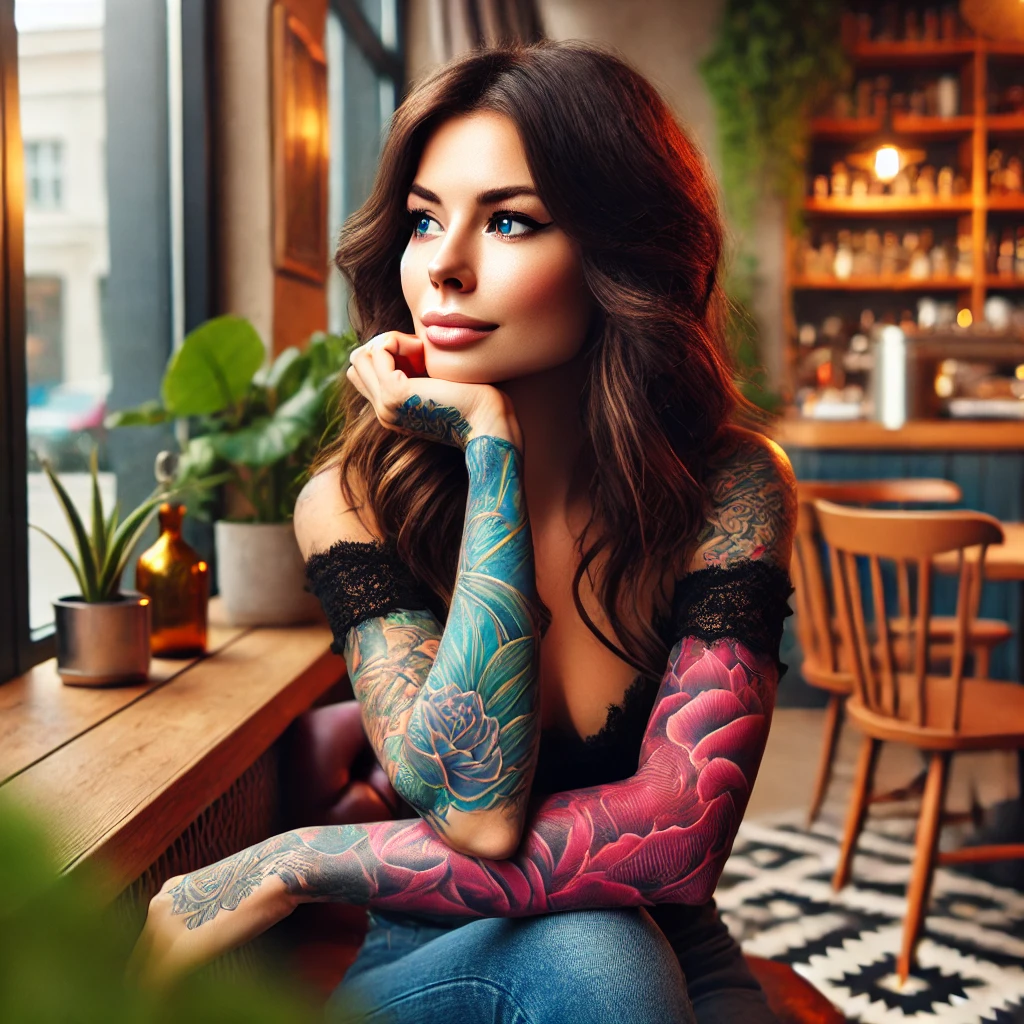 2024-07-26 18.08.55 - A beautiful woman with a vibrant sleeve tattoo, sitting in a cozy cafe and contemplating. The cafe has a warm, inviting atmosphere with wooden furnitu