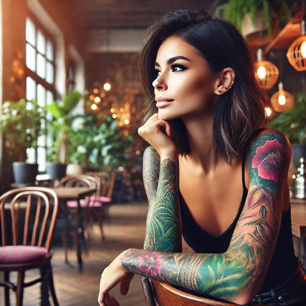 2024-07-26 18.08.58 - A beautiful woman with a vibrant sleeve tattoo, sitting in a cozy cafe and contemplating. The cafe has a warm, inviting atmosphere with wooden furnitu