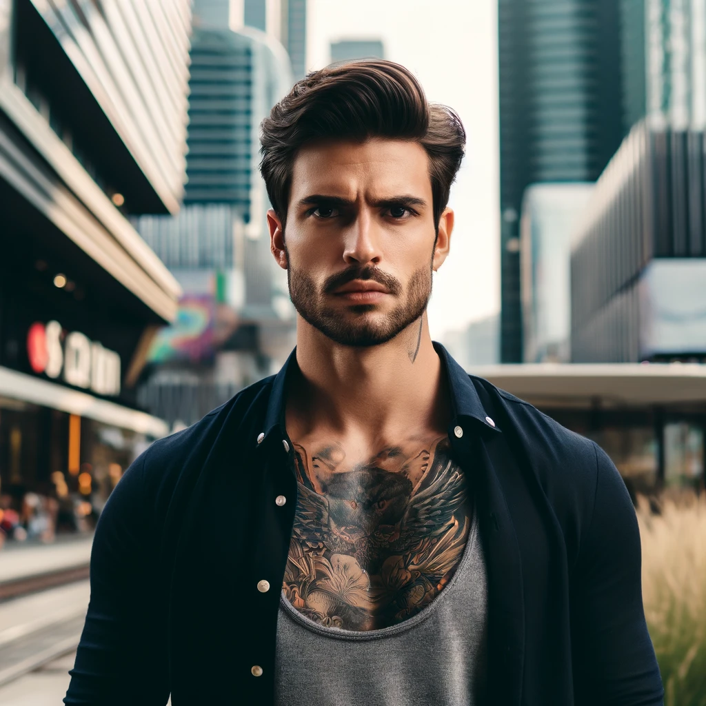 2024-07-26 18.09.04 - A handsome man with chest tattoos looking serious in a stylish urban setting. He is standing in front of modern buildings with an intense expression,