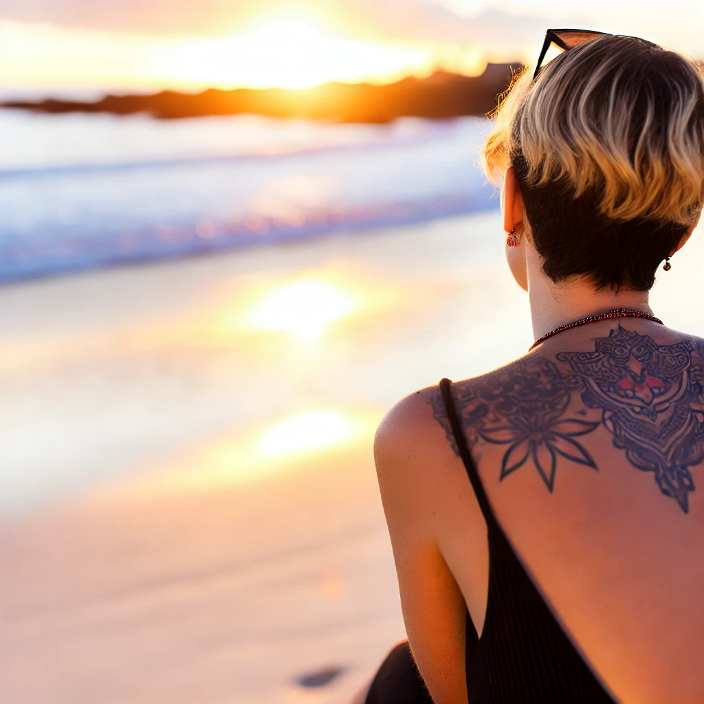 2024-07-26 18.09.07 - A stylish woman with a back tattoo, sitting on a beach at sunset. She is facing the ocean, with the warm colors of the setting sun reflecting off the