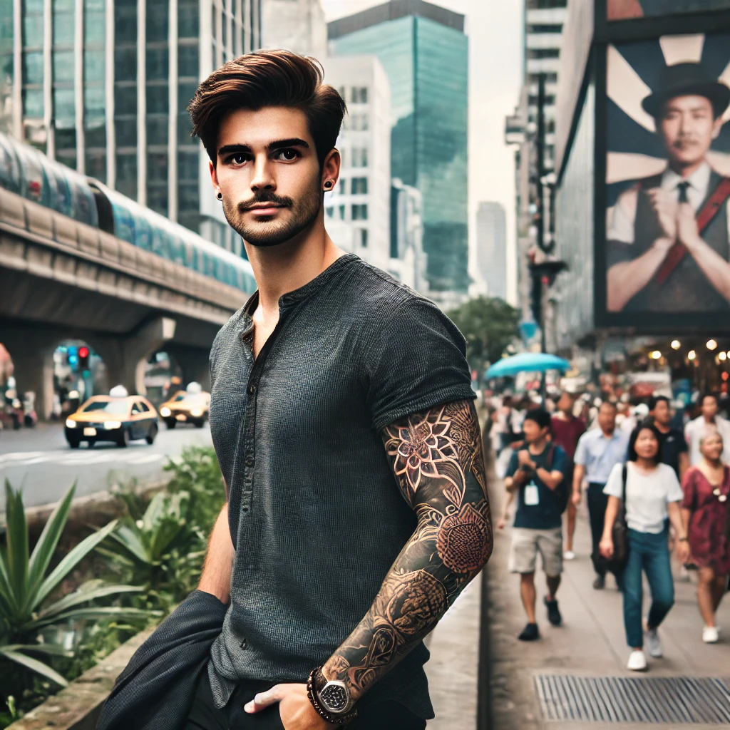 2024-07-26 18.09.14 - A young man with a full arm tattoo, confidently walking down a city street. He is dressed in stylish casual clothes, with the urban environment around