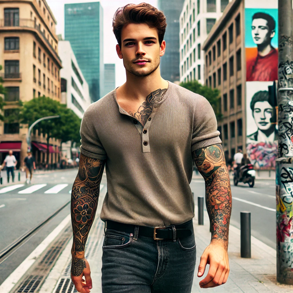 2024-07-26 18.09.16 - A young man with a full arm tattoo, confidently walking down a city street. He is dressed in stylish casual clothes, with the urban environment around