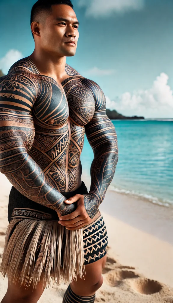 A Polynesian warrior with traditional tattoos on his body, standing on a beach with the ocean in the background. The warrior is muscular, with intrica