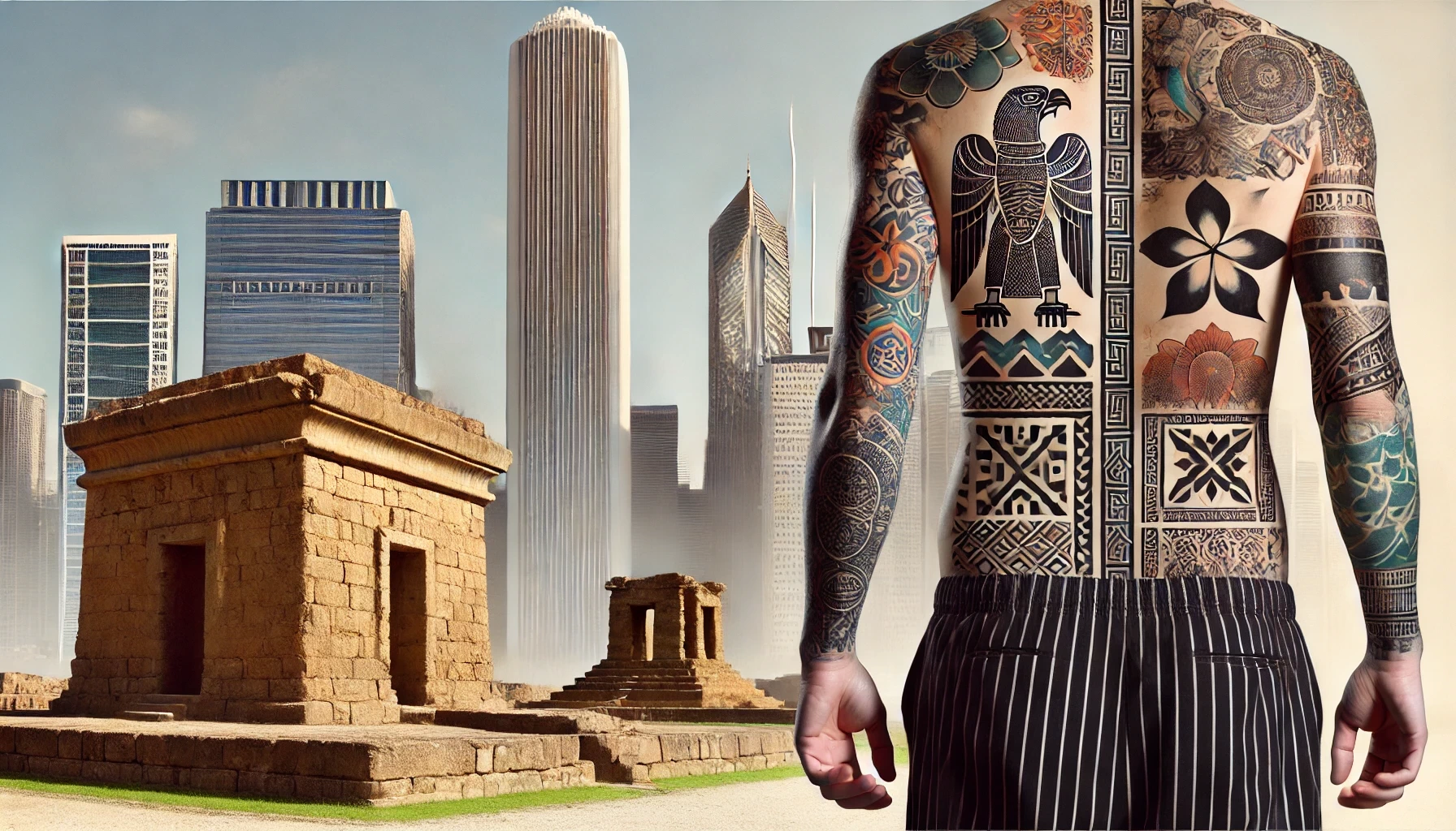 A person with tattoos from various cultures and eras on their body, standing against a background of ancient ruins and modern buildings. The tattoos i