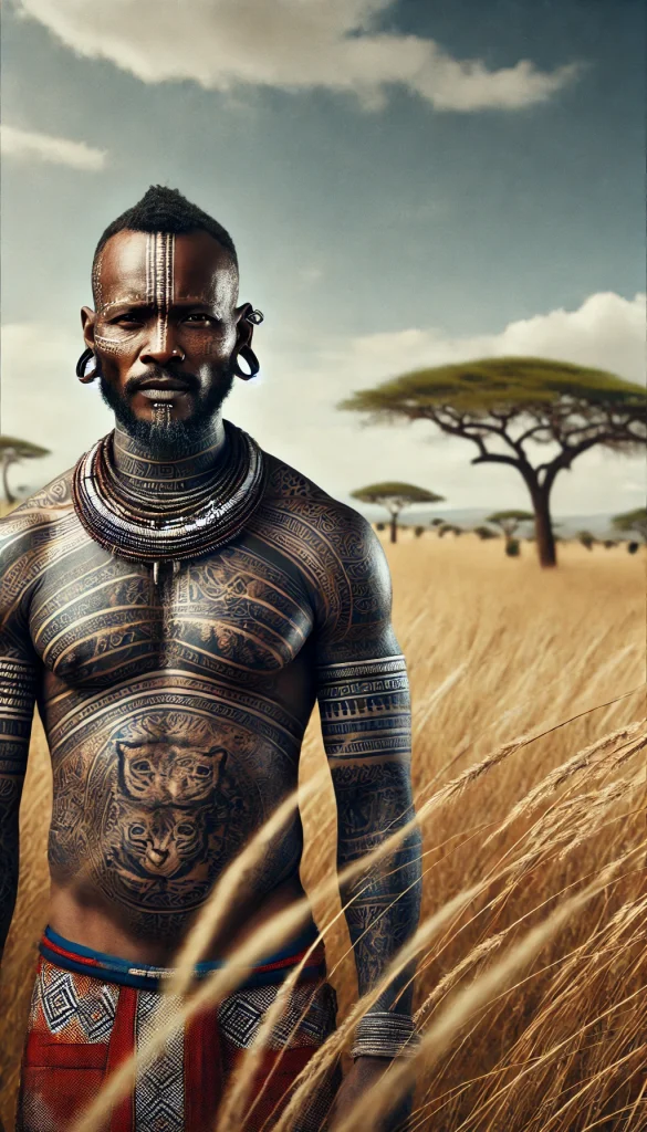 An African man with traditional tribal tattoos, standing in the savannah. The tattoos are intricate and culturally significant, representing the diver (2)
