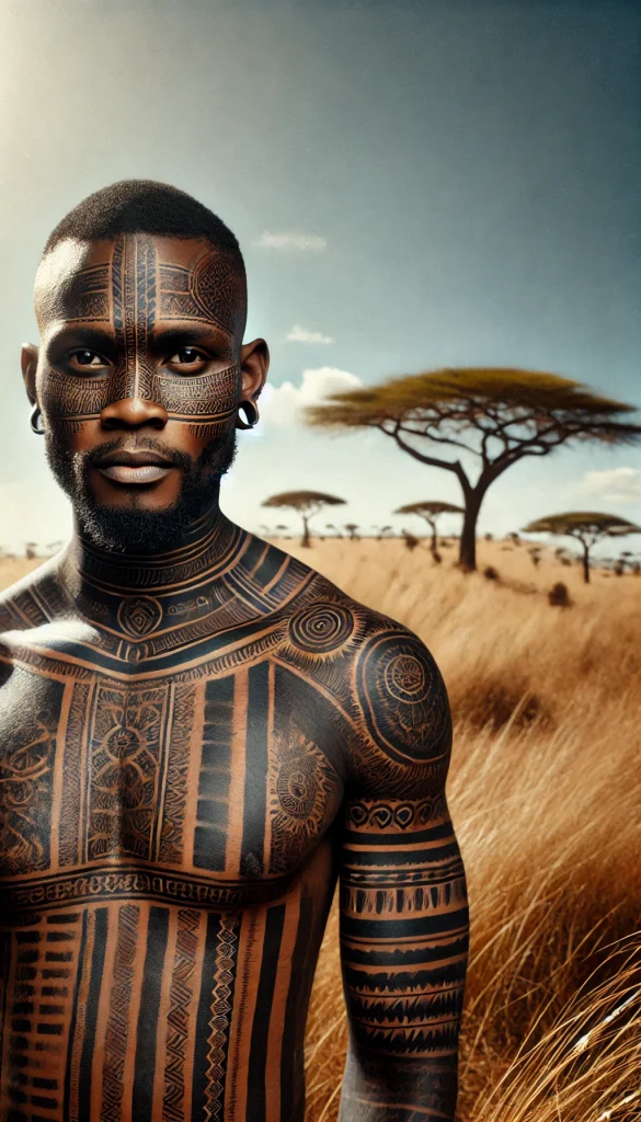 An African man with traditional tribal tattoos, standing in the savannah. The tattoos are intricate and culturally significant, representing the diver