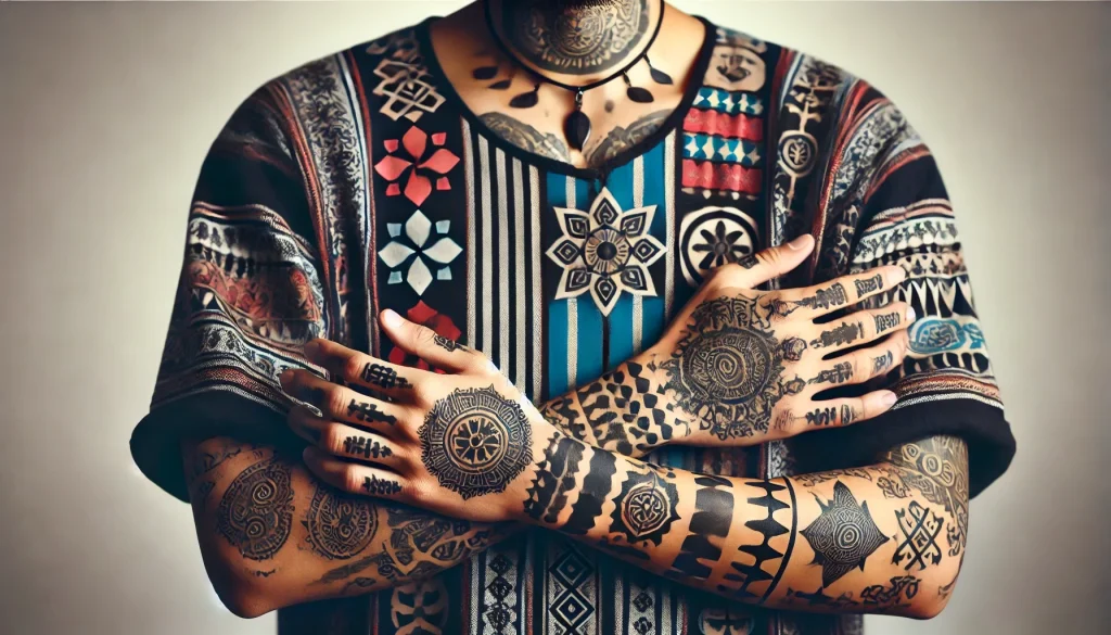 An image of a person with various cultural tattoos on their arms and body, each symbolizing different cultural meanings and histories. The tattoos sho (2)