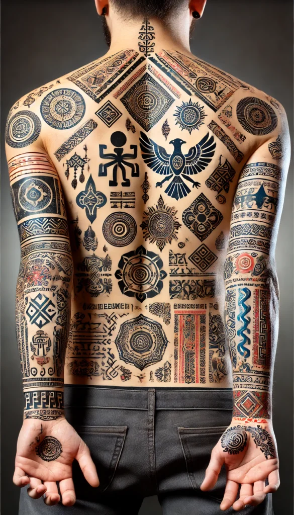 An image of a person with various cultural tattoos on their arms and body, each symbolizing different cultural meanings and histories. The tattoos sho