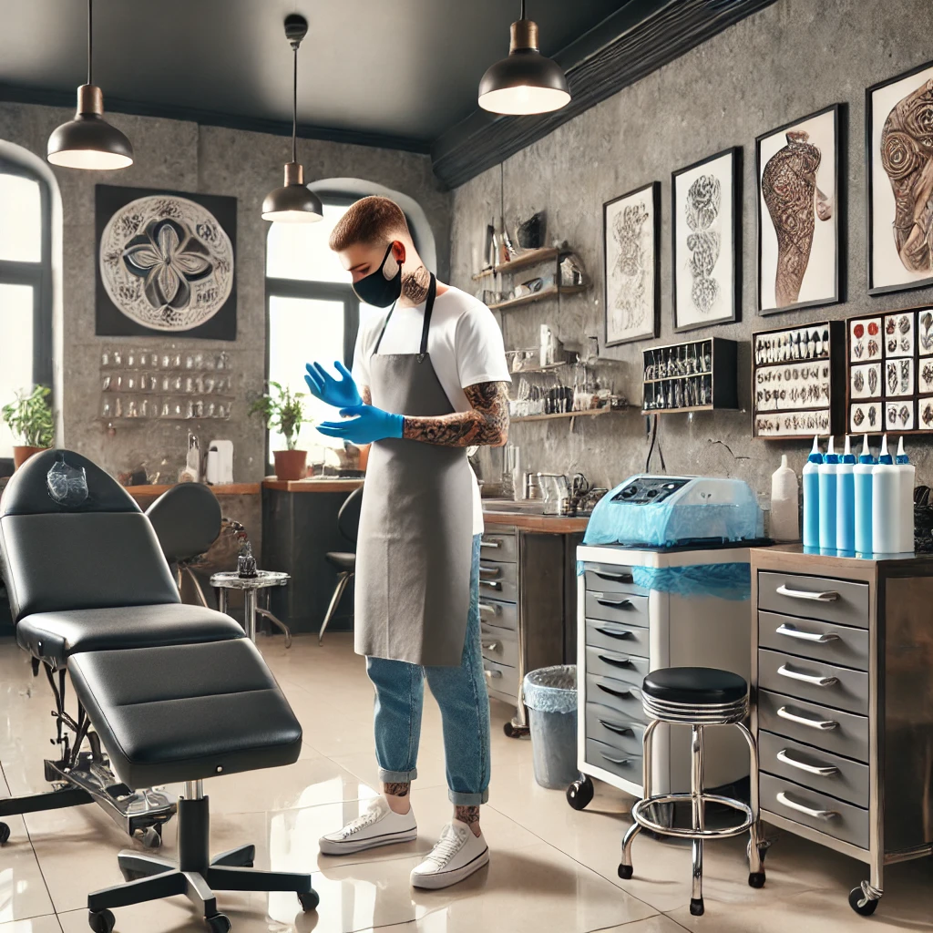 An interior of a modern tattoo parlor with high standards of cleanliness and hygiene. A tattoo artist wearing gloves is preparing to work, showcasing (2)