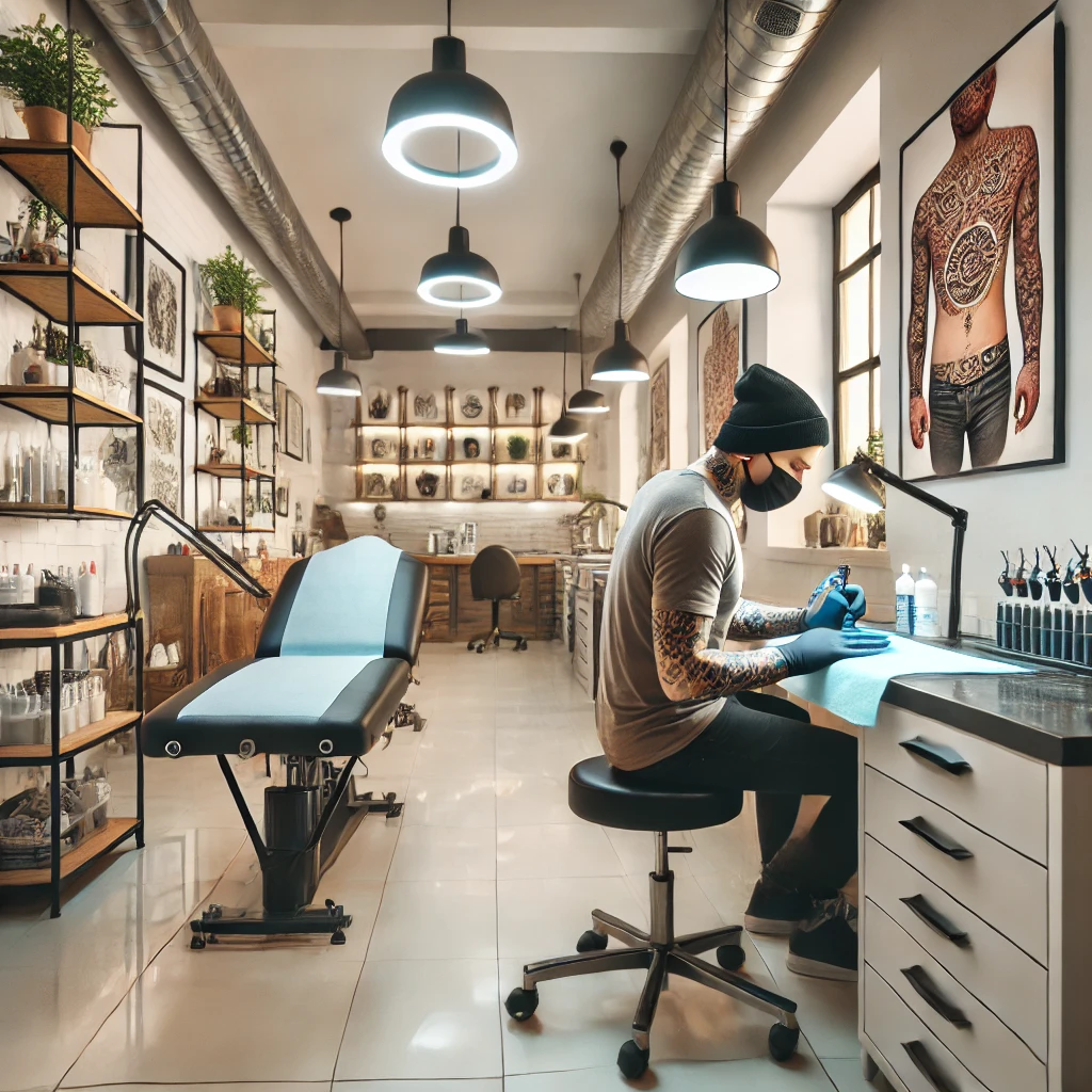 An interior of a modern tattoo parlor with high standards of cleanliness and hygiene. A tattoo artist wearing gloves is preparing to work, showcasing
