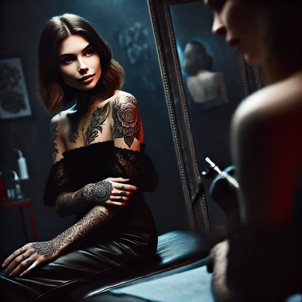A beautiful young woman with intricate, realistic tattoos on her arms and shoulders sitting in a dimly lit tattoo studio. The room has a dark, intense (3)