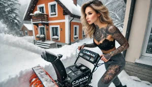 Фотография девушки с татуировками на руках, работающей со снегоуборщиком на заснеженном дворе.