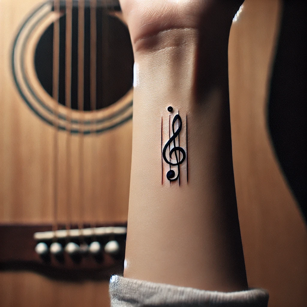 A close-up of a forearm with a minimalist tattoo of a G major chord on the inner forearm. The tattoo is made with thin, delicate lines. In the backgro