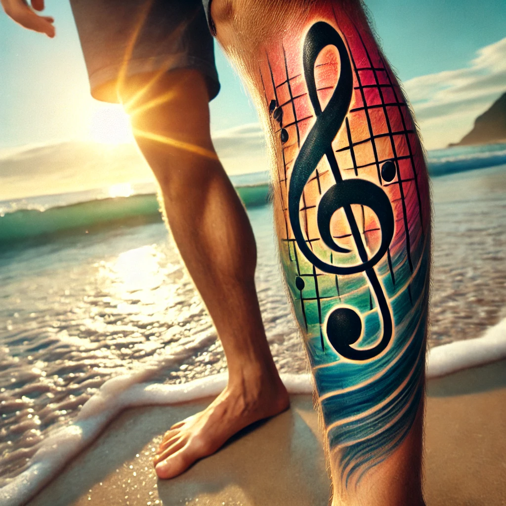 A close-up of a leg with a colorful tattoo of an F major chord on the calf. The tattoo includes elements of a guitar, blending musical and artistic de