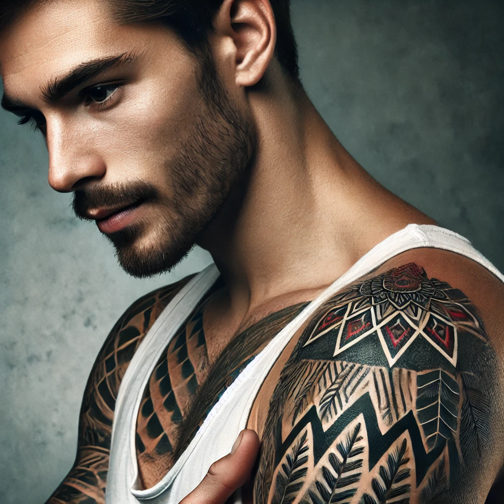 A close-up of a man with a half-sleeve tattoo in a realistic style. The tattoo features a mix of geometric patterns and nature-inspired elements. The