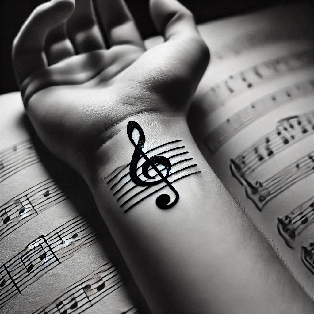 A close-up of a wrist with a black and white tattoo of an A major chord. The tattoo is located on the wrist, and the image is captured in a monochrome