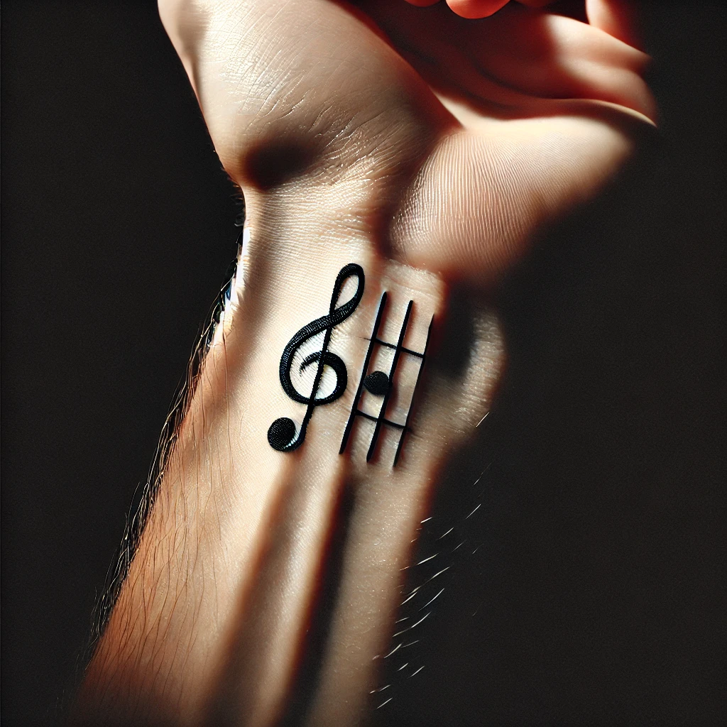 A close-up of a wrist with a minimalist tattoo of a C major chord on the inner side. The focus is on the shadows and light, emphasizing the texture of