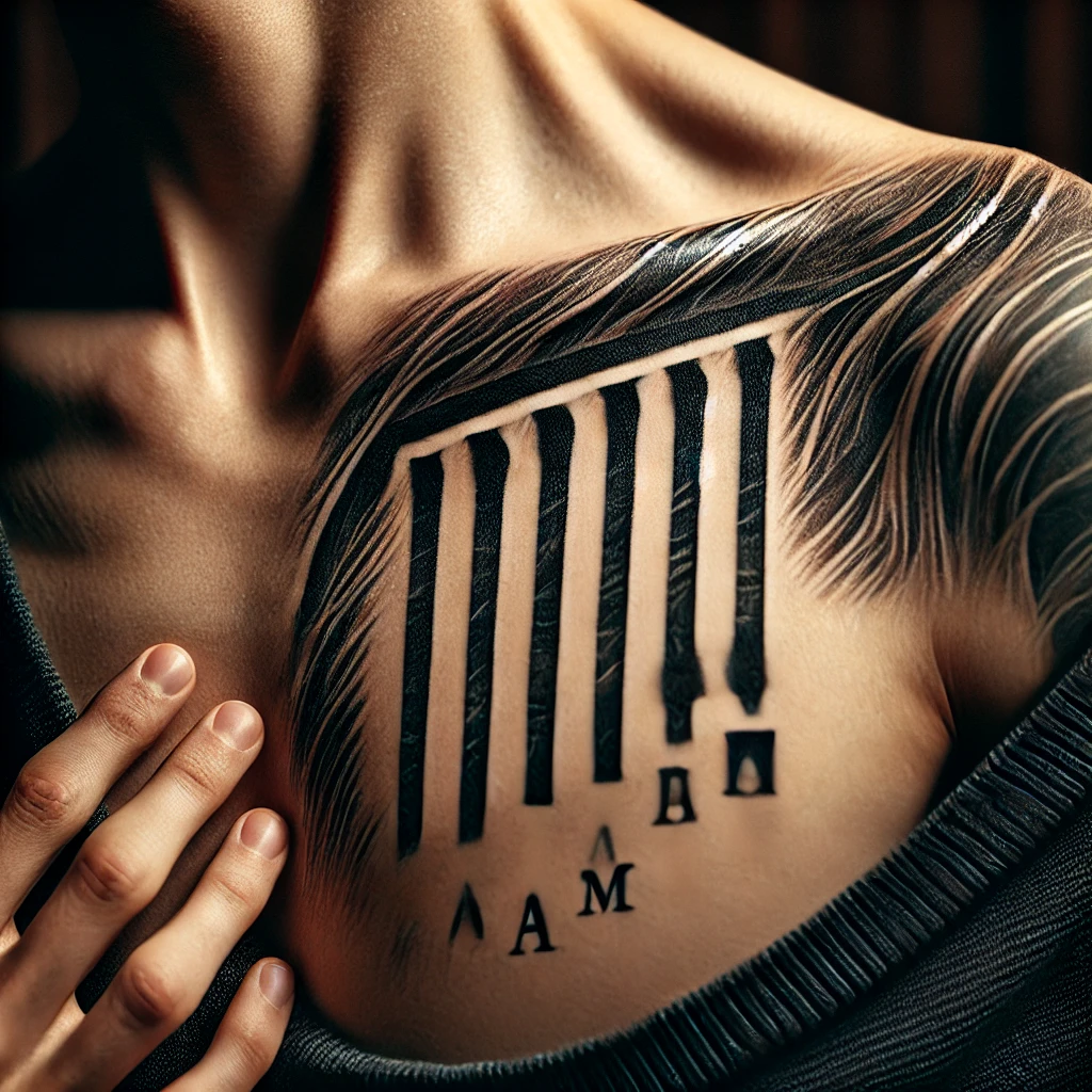 A close-up of ribs with a tattoo of an Am (A minor) chord. The tattoo is intricately detailed, with a focus on the texture of the skin and the fine li
