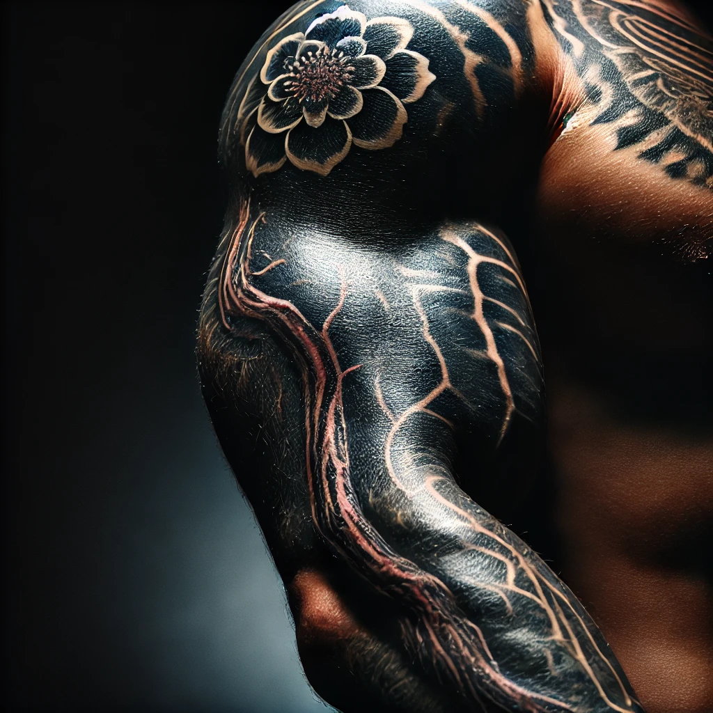 A close-up shot of a healing tattoo on a muscular arm, with slight redness around the edges of the fresh ink. The background is dark, with subtle shad (2)