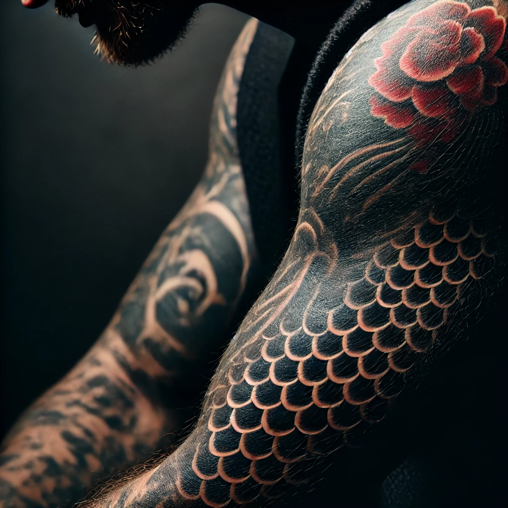 A close-up shot of a healing tattoo on a muscular arm, with slight redness around the edges of the fresh ink. The background is dark, with subtle shad