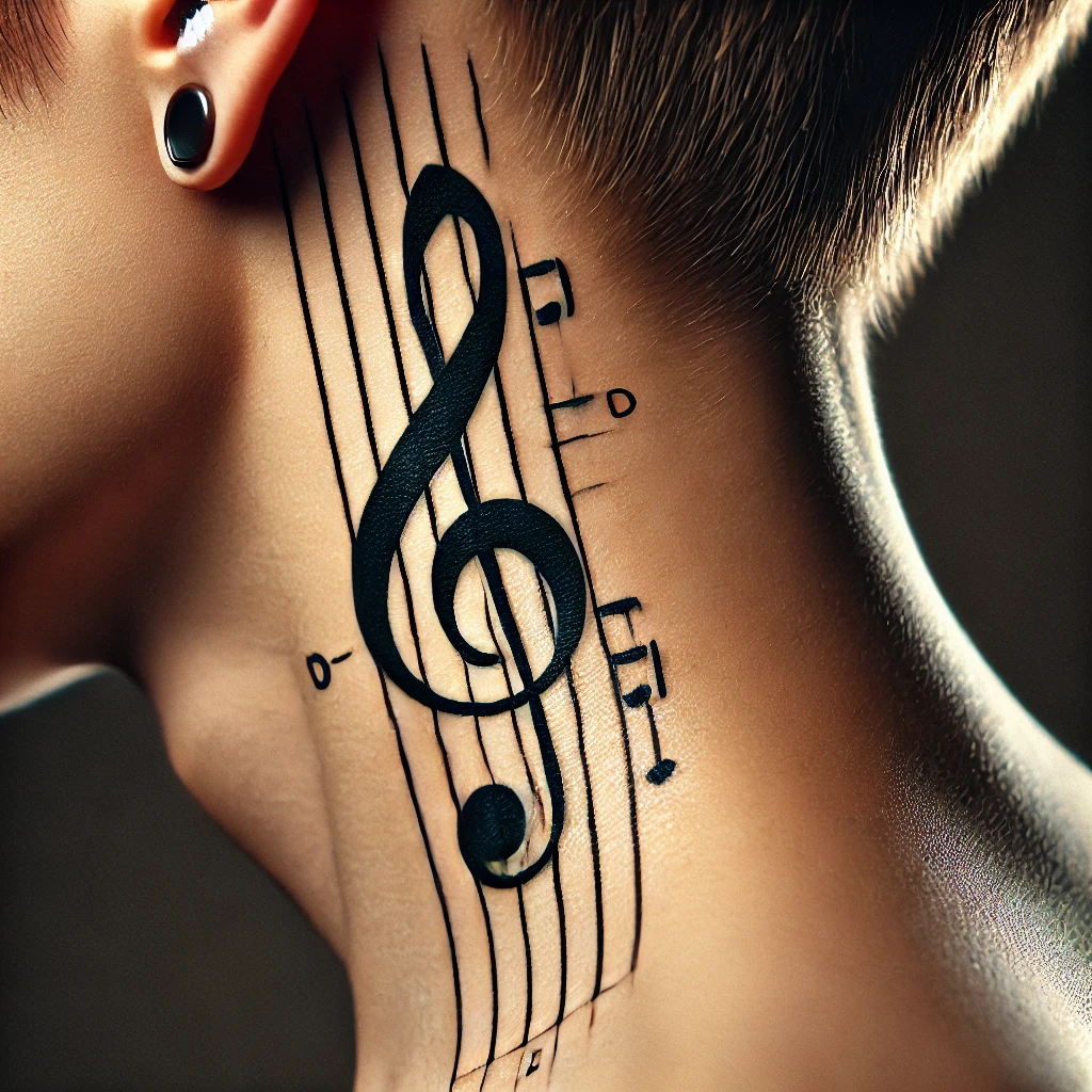 A close-up side view of a neck with a graphic-style tattoo of a D major chord. The tattoo features thin lines and additional musical symbols, creating