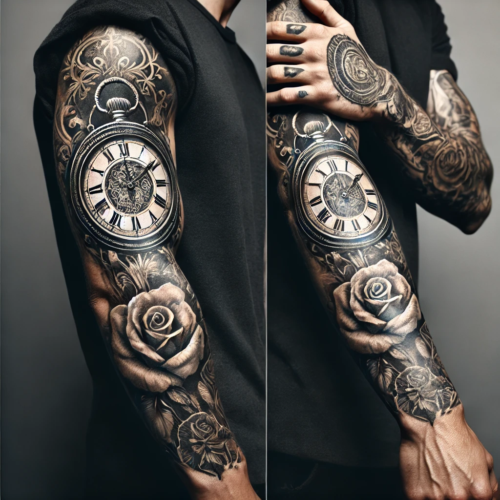 A man with a forearm tattoo featuring a clock, roses, and a compass. The tattoo is done in a realistic style with detailed shading and line work. The