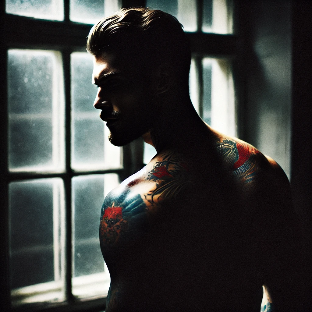 A man with tattoos on his back and arms, standing by a window in a dark room. His face is partially hidden in the shadows, while the light from the wi
