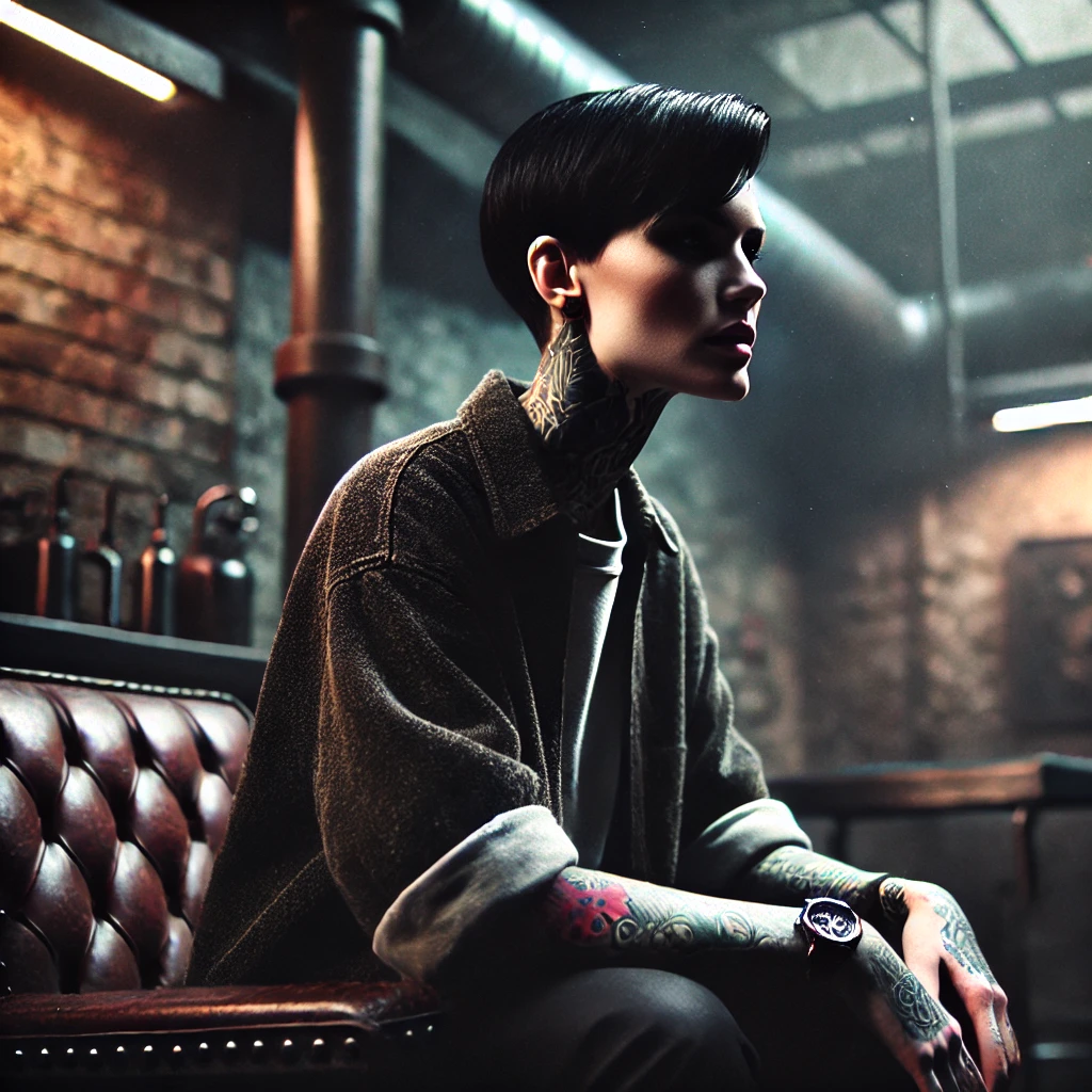 A photorealistic image of a woman with short black hair and tattoos on her arms and neck, sitting on a leather chair in a dimly lit room with industri