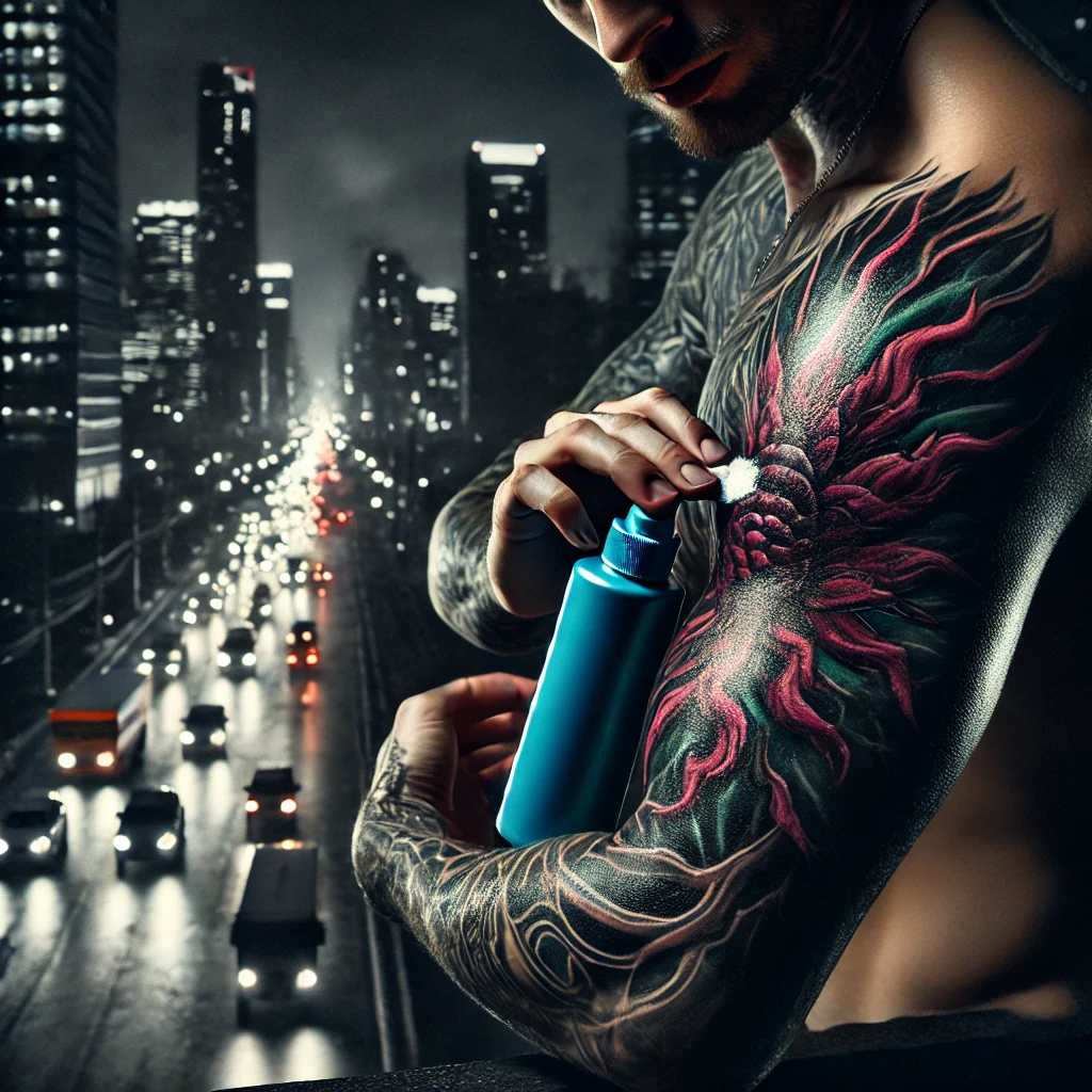 A powerful, dark-themed scene of a person applying sunscreen to their fully healed tattoo before stepping out into a nighttime cityscape. The tattoo s (2)
