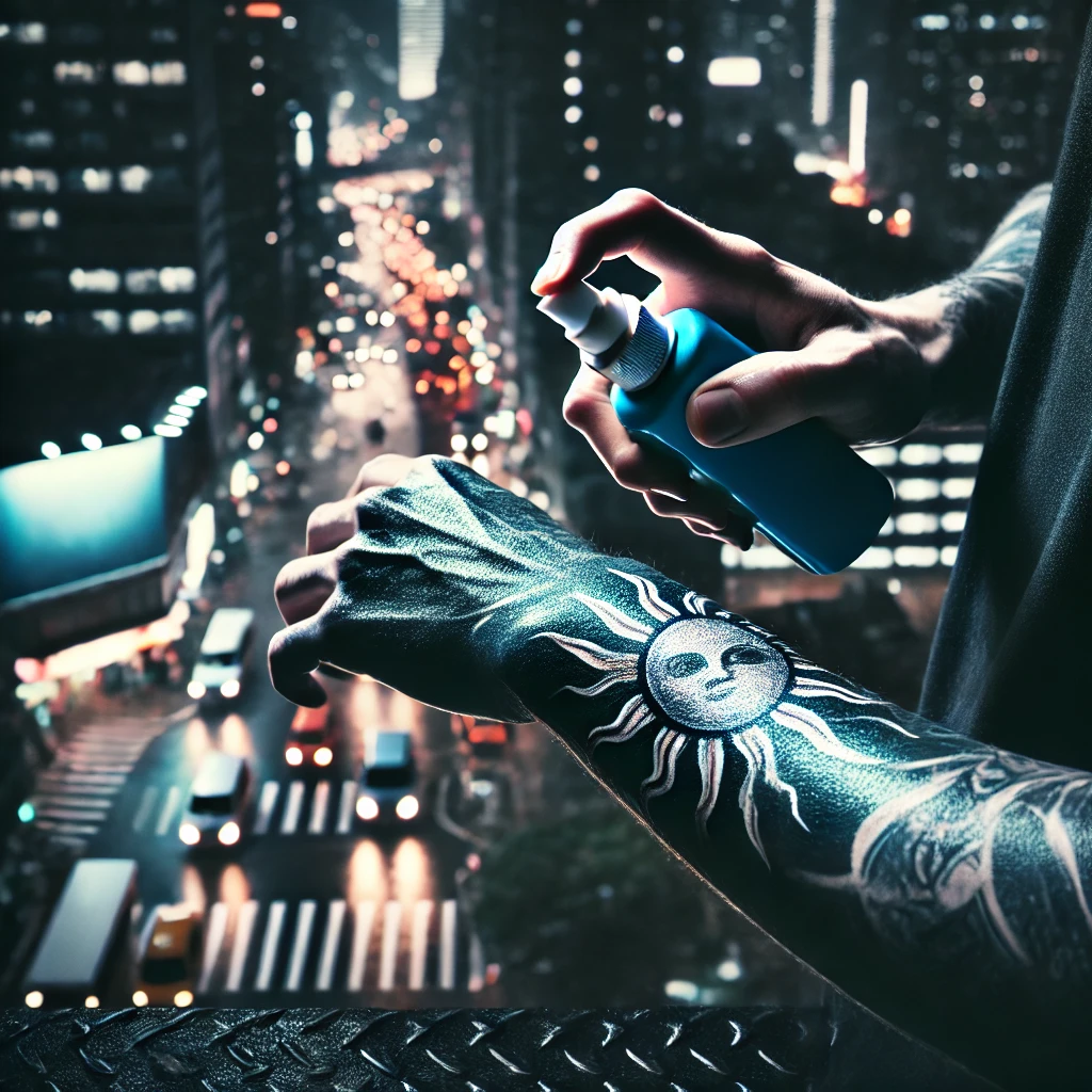 A powerful, dark-themed scene of a person applying sunscreen to their fully healed tattoo before stepping out into a nighttime cityscape. The tattoo s