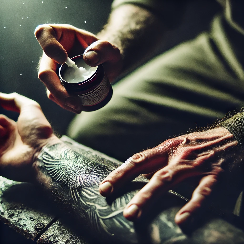 A rugged hand applying a tattoo care cream to a freshly inked tattoo in a dark, gritty environment. The setting is dimly lit, with the tattoo glowing (2)