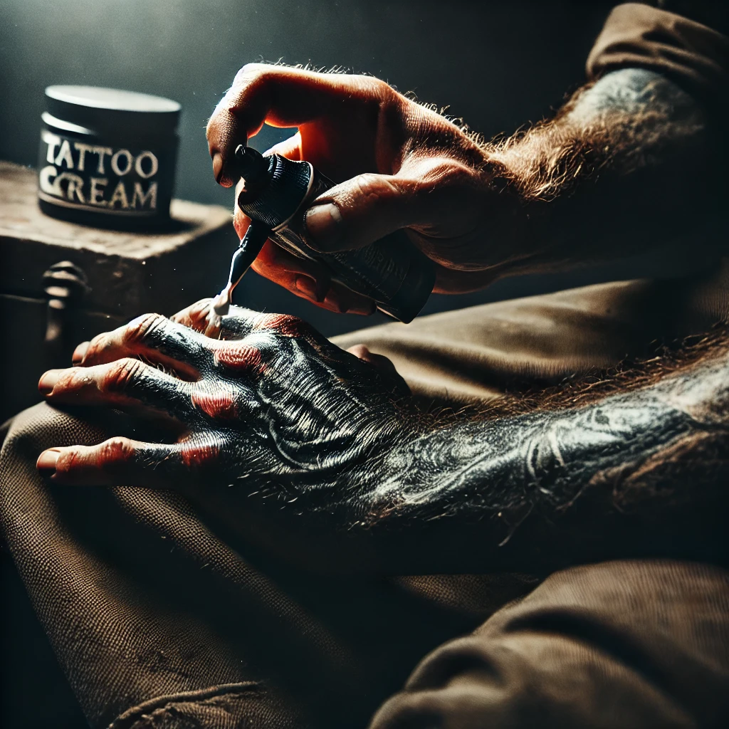 A rugged hand applying a tattoo care cream to a freshly inked tattoo in a dark, gritty environment. The setting is dimly lit, with the tattoo glowing