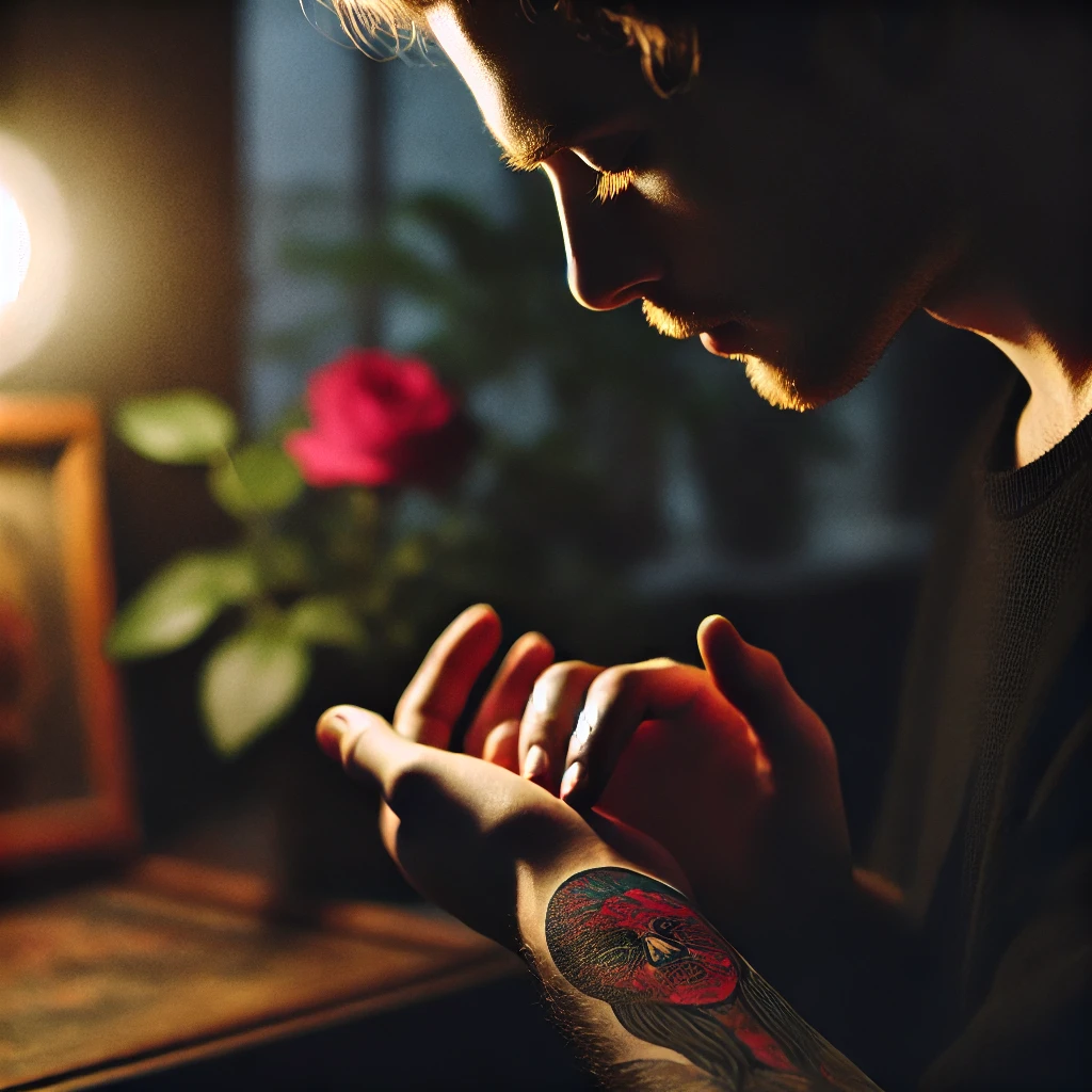 A serene yet moody image of a person gently touching their nearly healed tattoo. The tattoo appears less red and more vibrant, with its colors standin (2)