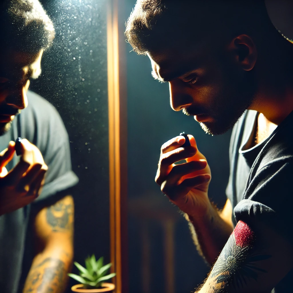 A tense and shadowy atmosphere showing a person examining their tattoo in a mirror. The focus is on the person's worried expression and the tattoo, wh