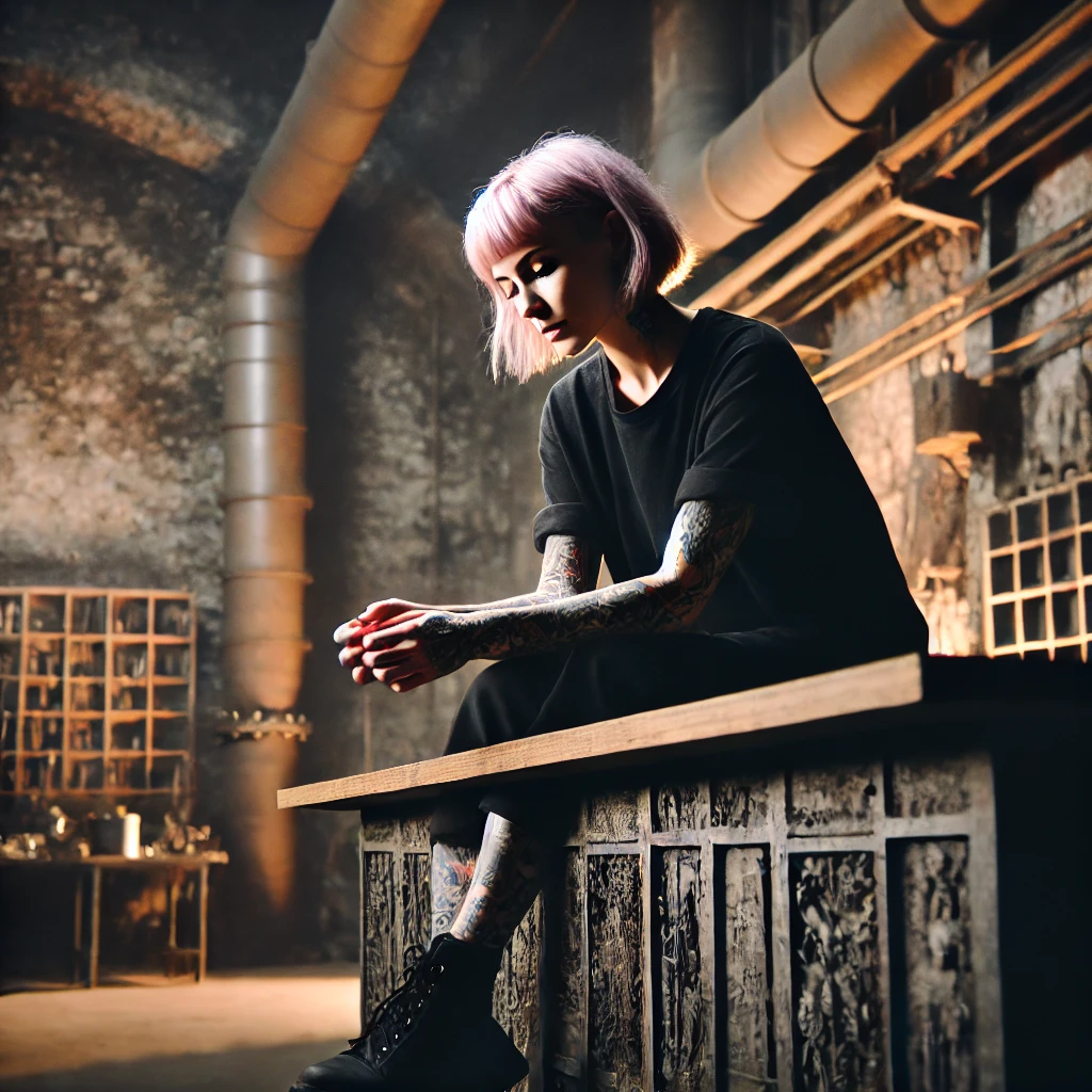 A woman with short pink hair and tattoos on her legs and arms, sitting on the edge of a table against an industrial backdrop. The room is dimly lit, w