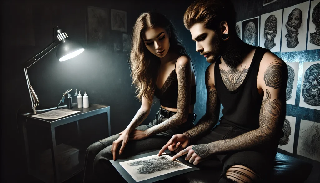 A young couple, both with intricate, realistic tattoos on their arms and bodies, sitting together in a dimly lit tattoo studio. The atmosphere is dark