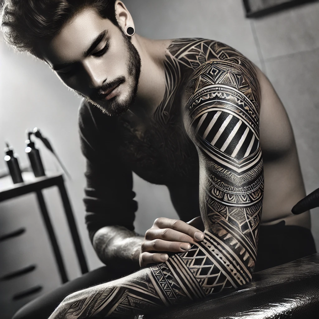 A young man with a detailed sleeve tattoo featuring a mix of geometric shapes and tribal patterns. He is seated in a modern tattoo parlor, with a focu