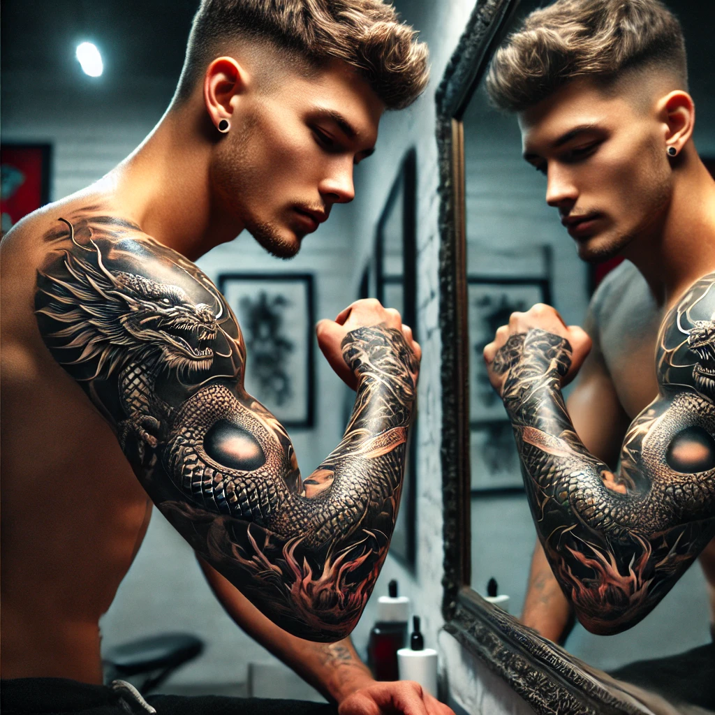 A young man with a dragon tattoo wrapping around his forearm, done in black and grey ink. The dragon is detailed with scales and flames, giving it a d