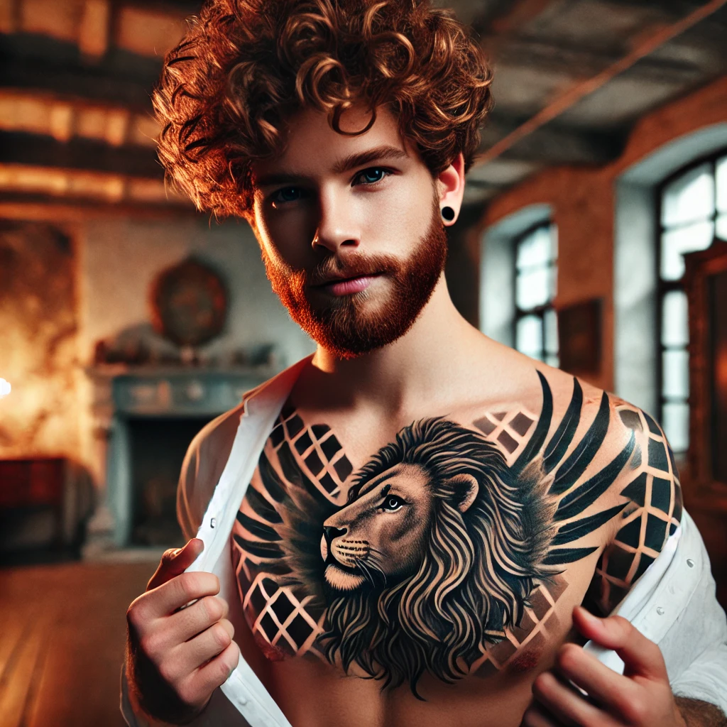 A young man with curly, red hair and a beard stands confidently, displaying a tattoo on his chest. The tattoo features a majestic lion, symbolizing st