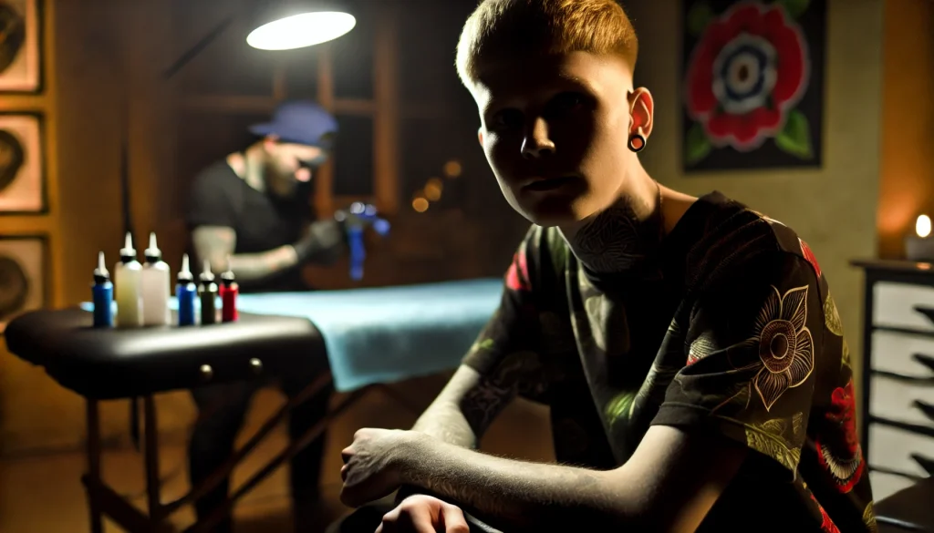 A young man with realistic, intricate tattoos on his arms and neck sitting in a dimly lit tattoo studio. The room is illuminated by a single overhead