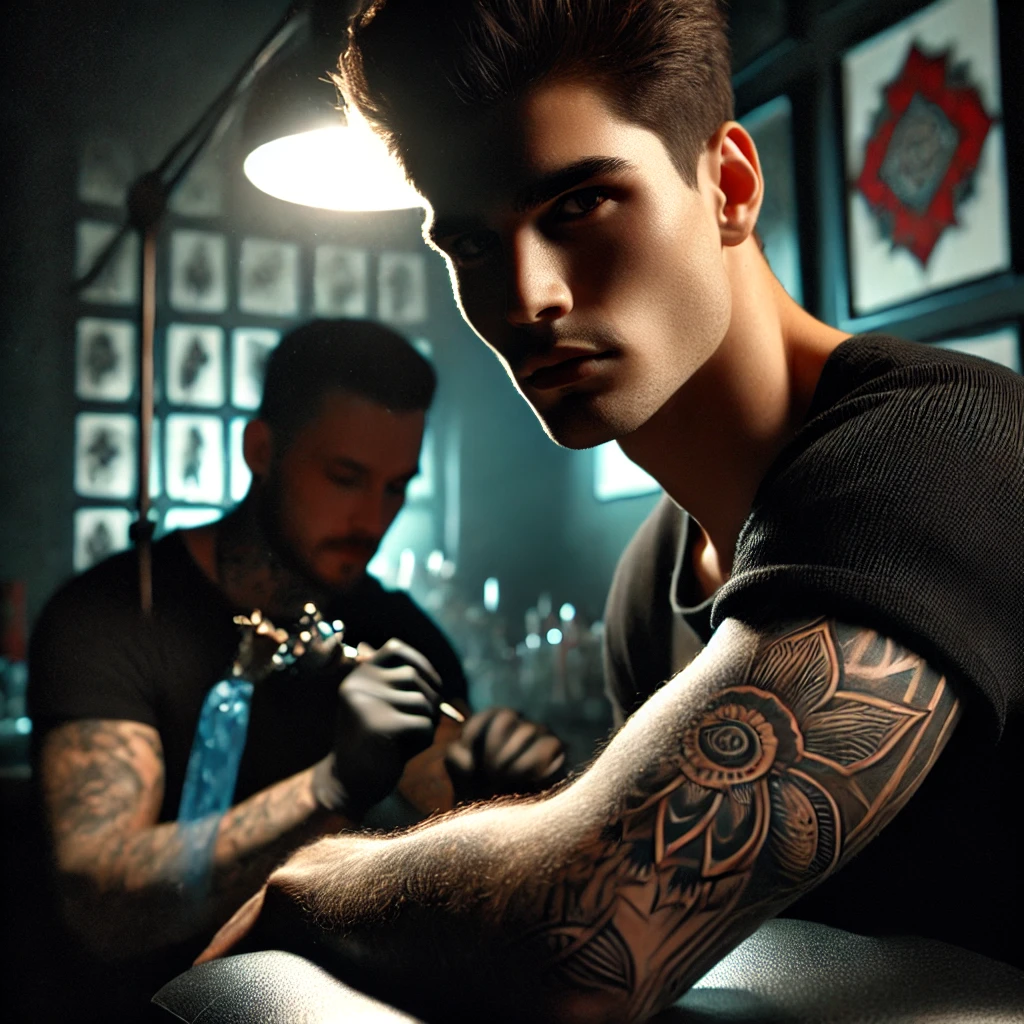 A young man with realistic, intricate tattoos on his arms and neck sitting in a dimly lit tattoo studio. The room is illuminated by a single overhead (3)