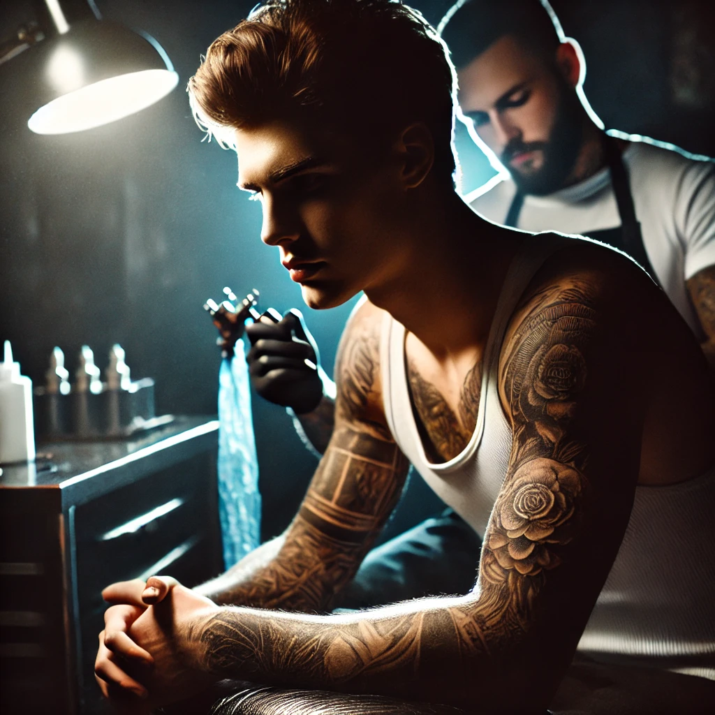 A young man with realistic, intricate tattoos on his arms and neck sitting in a dimly lit tattoo studio. The room is illuminated by a single overhead (4)