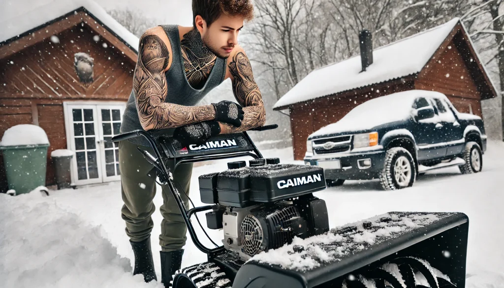 A young man with realistic tattoos on his arms and neck standing next to a Caiman snow blower in a snowy yard. He is thoughtfully looking at the machi