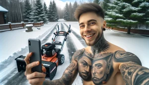 Фотография мужчины с татуировками на лице и теле, делающего селфи на фоне заснеженного пейзажа со снегоуборщиком.