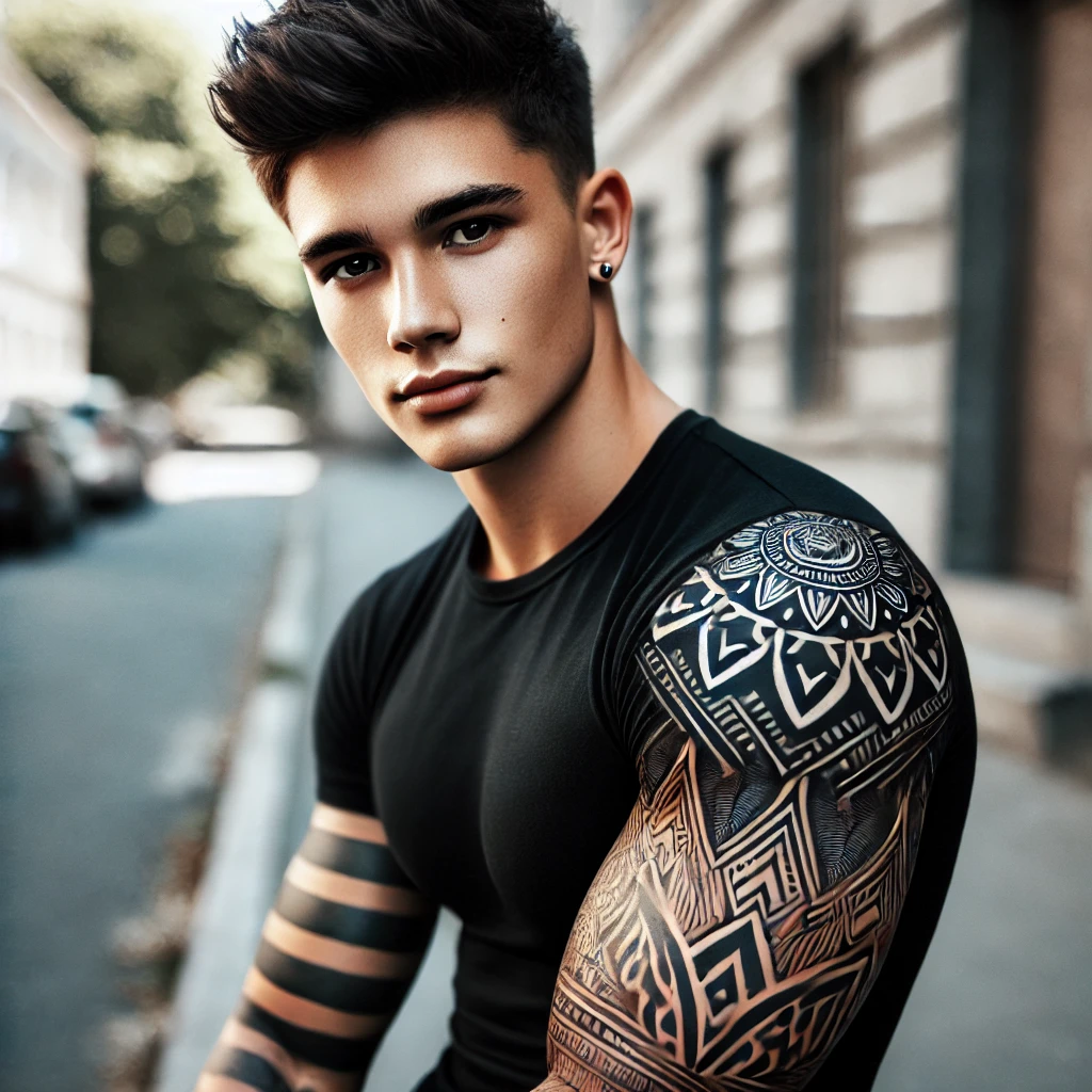 A young man with short, dark hair poses with confidence, showcasing a sleeve tattoo on his right arm. The tattoo features intricate tribal patterns, s