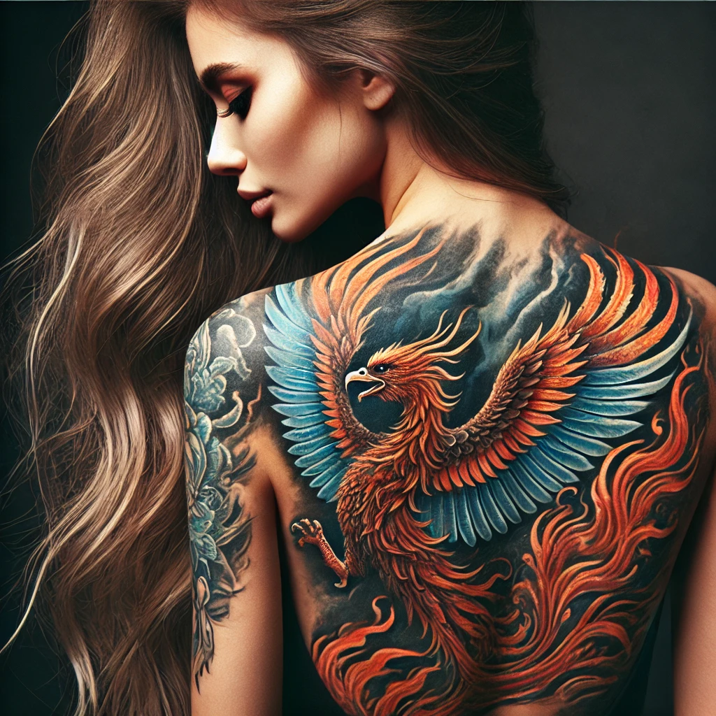 A young woman with a full-back tattoo, depicting a large phoenix rising from flames. The tattoo is done in a realistic style with vibrant colors and i